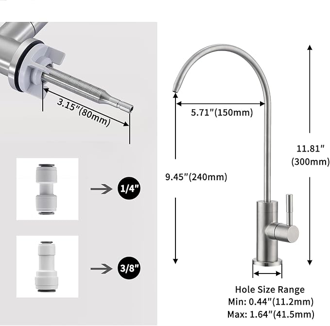 Drinking Water Faucet for Kitchen Sink SUS304 Stainless Steel Water Filter Faucet RO Reverse Osmosis Filtration Bar Sink Brushed Nickel, WF1-BN