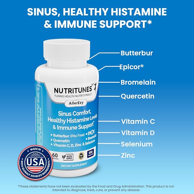 Sinus, Histamine & Immune Support–Butterbur, EpiCor, Quercetin with Bromelain – Allergy Support Supplement – 60 AllerEzy Capsules