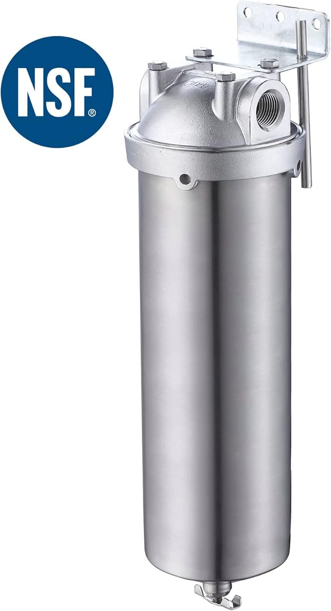 Amwater NSF/ANSI 42 Stainless Steel Whole House Water Filter Housing, 10" x 2.5" Sediment Water Filter System for Heavy Duty, Well & City Water, 3/4" NPT Port, Drain Valve Style A