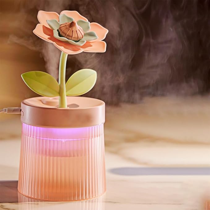 Flower Mist Humidifier, 260ML Mini Desk Humidifier 2 Misting Modes Auto-Off Portable Humidifier with Colorful Light for Car Office Home Bedroom