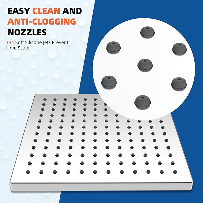 Hibbent Thickness Metal Rain Shower Head, 12 Inch High Pressure Shower Heads, Square Large Bathroom Rainfall Shower Head with Adjustable Brass Ball Joint, Waterfall Full Body Coverage, Chrome