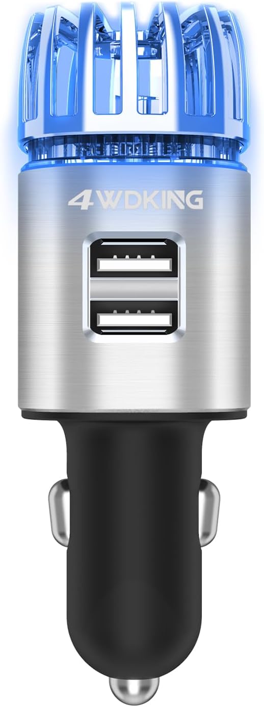 Car Air Purifier Ionizer, 12V Plug-in Car Air Freshener Gadgets with Dual USB Charger Removes Cigarette Smoke, Pet and Food Odor, Ionic Ozone (Silver)