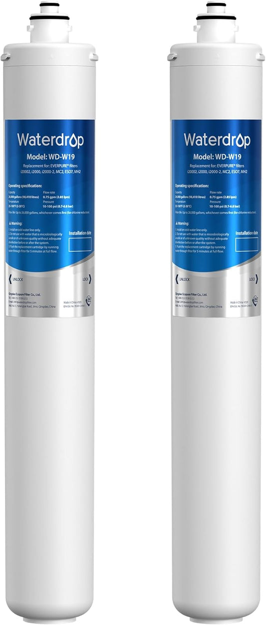 Waterdrop I2000 2 Under Sink Water Filter, 26K Gallons, Replacement Cartridge for Everpure i2000, MC2, ESO7, MH2, EV9612-22, EV9612-56, EV9607-25, EV9613-21, Pack of 2