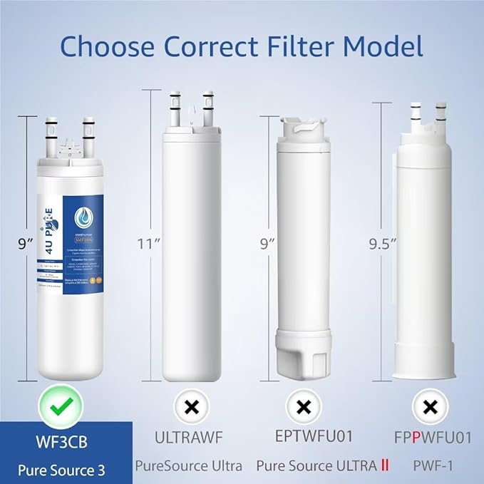 WF3CB Refrigerator Water Filter, Replacement for Pure Source 3, 706465, 242086201, 242086203, 242294501, 242069601, AP4567491, WF425, 1 Pack (Height 9 inches)