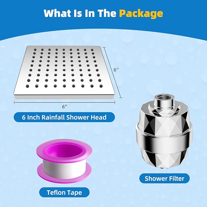 Hibbent Metal Filtered Shower Head, 6'' High Pressure RainShower Head, 20 Stage Shower Filter for Hard Water Softener, Bathroom Rainfall Shower Head to Remove Chlorine and Heavy Metals, Chrome