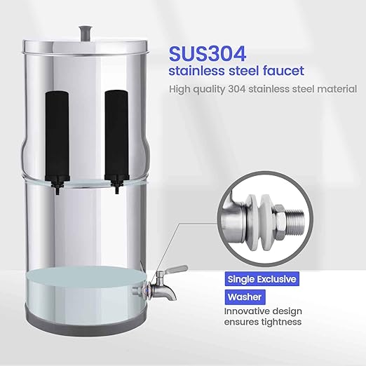 Amwater NSF/ANSI 42&372 Certification 2.25G Stainless Steel Gravity-Fed Water Filter System with 4 Black Purification Filter,Metal Spigot and 6inch Stand, Reduces Lead and up to 99% of Chlorine