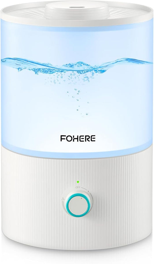 FOHERE Humidifiers for Bedroom, 3.2L Top Fill Cool Mist Ultrasonic Humidifier for Baby Rooms and Plants, 2-IN-1 Essential Oil Diffuser with 7-color Light and Auto Shut-off, BPA-Free, Quiet, White