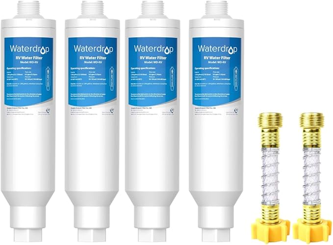 Waterdrop RV Water Filter, NSF Certified, Reduces Chlorine, Bad Taste, Odor, 4 Pack with 2 Flexible Hose Protector