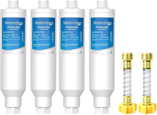 Waterdrop RV Water Filter, NSF Certified, Reduces Chlorine, Bad Taste, Odor, 4 Pack with 2 Flexible Hose Protector
