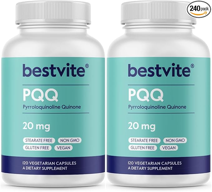 BESTVITE PQQ 20mg (Pyrroloquinoline Quinone) (240 Vegetarian Capsules) (120 x 2) - No Stearates - Vegan - Non GMO - Gluten Free