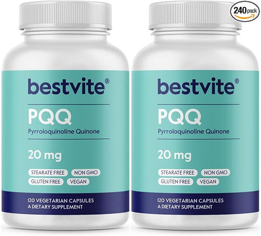 BESTVITE PQQ 20mg (Pyrroloquinoline Quinone) (240 Vegetarian Capsules) (120 x 2) - No Stearates - Vegan - Non GMO - Gluten Free