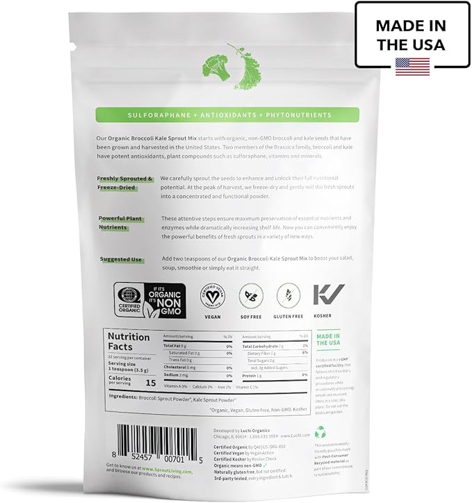 Sprout Living Broccoli and Kale Organic Sprout Mix, Freeze Dried Superfood Greens Powder, 100% Pure, Vegan, Non-GMO, Gluten Free (4 ounces, 32 servings)