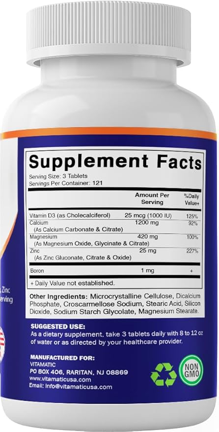 Vitamatic Calcium Magnesium Zinc D3 Boron | 365 Coated Tablets Supplement | Calcium 1200 mg, Magnesium 420mg, Zinc 25mg, Vitamin D3 1000 IU, Boron 1 mg | Non-GMO | Gluten Free | Made in USA