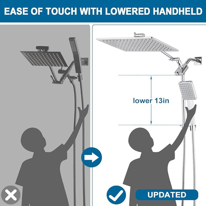 POP SANITARYWARE All Metal Shower Head with Handheld Chrome High Pressure 12 Inch Showerhead Combo, 71 Inch / 6 ft Hose, Press Button 4-Way Diverter, Adjustable Extension Arm