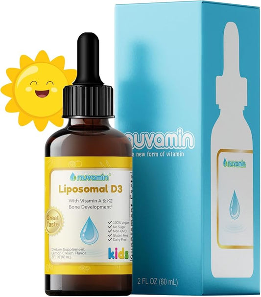 Nuvamin – Liquid Liposomal Vitamin A & D3 Drops with K2 for Baby Toddlers Kids & Adults, 800 IU/mL, 2 Fl.Oz (60ml), 120 Daily Serving, Great Taste - All Natural - Superior Absorption, Lemon Flavor