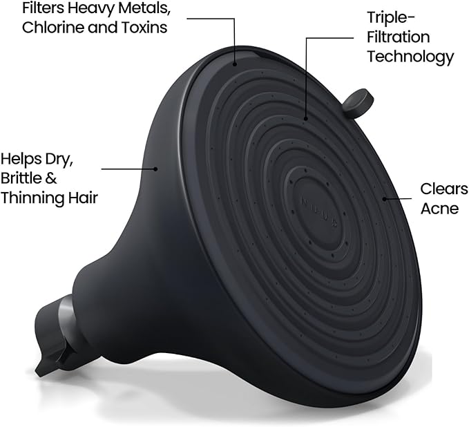NUUD Filtered Shower Head | Removes Chlorine, Heavy Metals + Contaminants for Healthier Scalp, Skin & Hair | Protects Hair + Soothes Dry Skin | High Pressure Shower Head Filter | Black