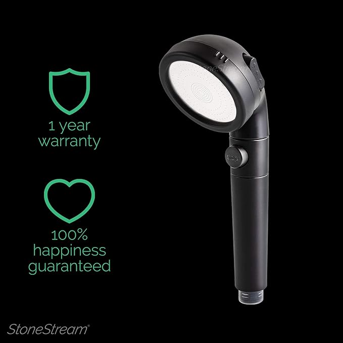 Original StoneStream® EcoPower High Pressure Matte Black Shower Head - Spa Like Ionic Filter to Soften Water, Increase Pressure & Save Water- Mineral Stones Filter Shower head With 3 Spray Settings