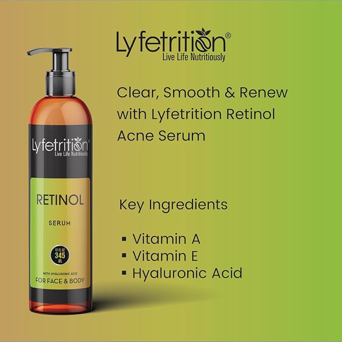 Retinol Acne Serum by Lyfetrition, Infused with Hyaluronic Acid and Vitamin C, Pomegranate & Green Tea,Face toner, Reduce Wrinkles, Pores and Fine Lines, Moisturize & Supple Skin, (12 FL oz)