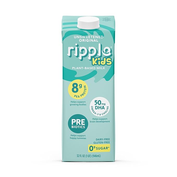 Ripple 32 oz Plant Based Milk 8g of Quality Sourced Pea Protein, Calcium Rich | Shelf Stable | Vegan & Non GMO Certified | Dairy, Soy, Nut, Gluten, & Lactose Free (Pack of 6) (32 Fl Oz (Pack of 6), Kids Unsweetened)