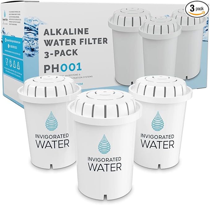 Invigorated Water PH001 - White Alkaline Water Filter – Replacement Filters for all Pitcher & Dispenser Filtration Systems – BPA-Free, Removes Chlorine, Heavy Metals – 96 Gallons/Filter (3-Pack)