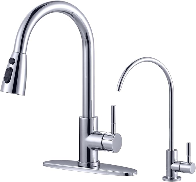 Kitchen Faucet and Water Filter Faucet Combo, WOWOW Stainless Steel Kitchen Sink Faucet with Drinking Water Faucet for Reverse Osmosis or Water Filtration System, Chrome
