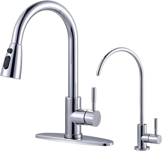 Kitchen Faucet and Water Filter Faucet Combo, WOWOW Stainless Steel Kitchen Sink Faucet with Drinking Water Faucet for Reverse Osmosis or Water Filtration System, Chrome