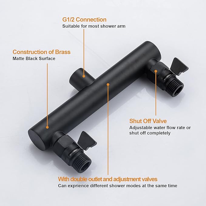 High Pressure Double Shower Head with Shut-Off Valve and Shower Arm Set Solid Brass Casting Dual Outlet Manifold Dual Shower Fixed Head 3 Function Shower Heads Sprayers, Matte Black