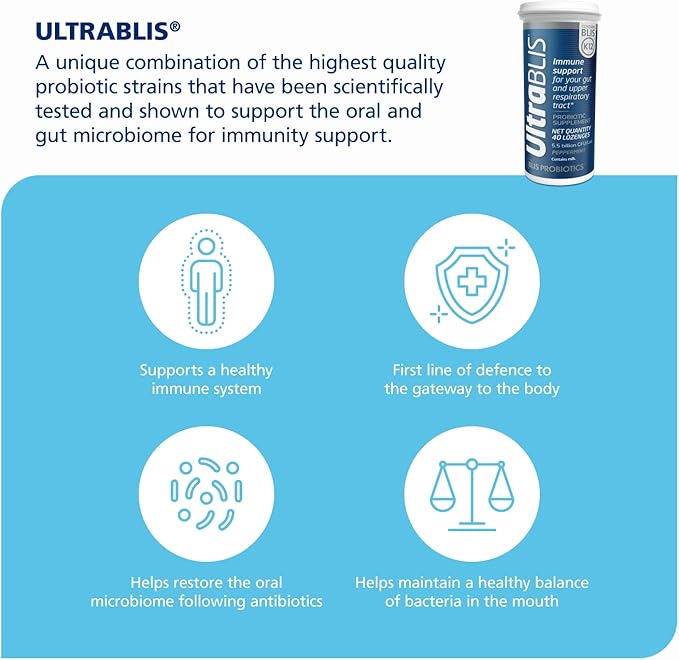 BLIS UltraBLIS Probiotic Immune Support Supplement-Powerful Combination of Gut & Oral Probiotics for Daily Immunity Support, Scientifically Tested Bacterial Strains Includes K12. 40 Lozenges.