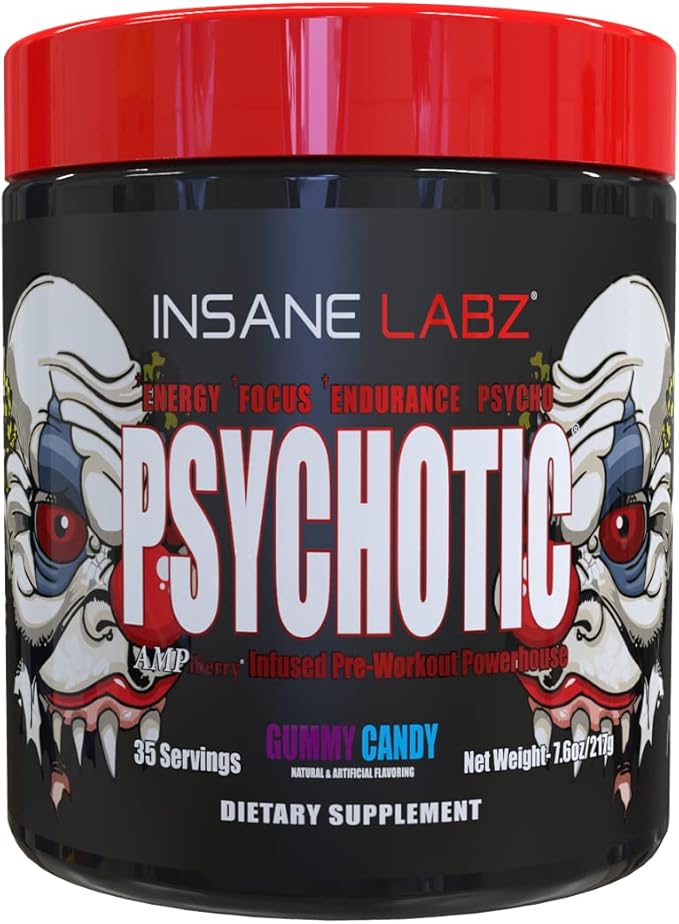 Insane Labz Psychotic, High Stimulant Pre Workout Powder, Extreme Lasting Energy, Focus and Endurance with Beta Alanine, Creatine Monohydrate DMAE, 35 Srvgs (Gummy Candy)