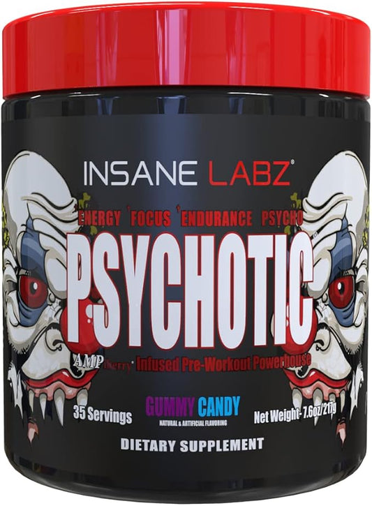 Insane Labz Psychotic, High Stimulant Pre Workout Powder, Extreme Lasting Energy, Focus and Endurance with Beta Alanine, Creatine Monohydrate DMAE, 35 Srvgs (Gummy Candy)