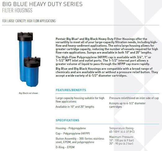 Pentair Pentek 150237 Big Blue Filter Housing, 1" NPT #10 Whole House Heavy Duty Water Filter Housing with High-Flow Polypropylene (HFPP) Cap and Pressure Relief Button, 10-Inch, Black/Blue