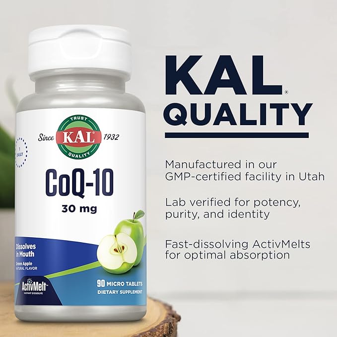 KAL CoQ10 30mg, Antioxidant Formula, CoEnzyme Q10 Supplement for Heart Health and Cellular Energy Support, Fast-Dissolving ActivMelts, Vegetarian, Natural Green Apple Flavor, 90 Serv, 90 Micro Tablets