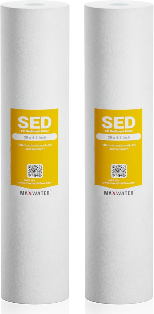 Max Water 5 Micron 20 x 4.5 Whole House Sediment Filter 20 inch Well Water Filter Replacement Cartridge Compatible DGD-5005-20, FP25B, AP810-6, FPMB5-20, 155358-43, 2 Pack