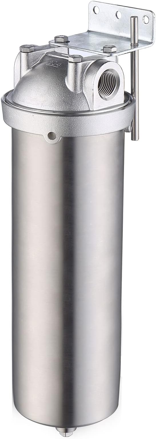 Amwater NSF/ANSI 42 Stainless Steel Whole House Water Filter Housing, 10" x 2.5" Sediment Water Filter System for Heavy Duty, Well & City Water, 3/4" NPT Port, Drain Valve Style C