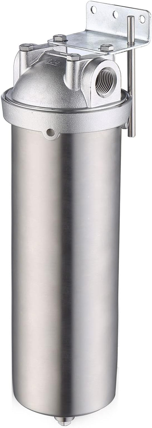 Amwater NSF/ANSI 42 Stainless Steel Whole House Water Filter Housing, 10" x 2.5" Sediment Water Filter System for Heavy Duty, Well & City Water, 3/4" NPT Port, Drain Valve Style C