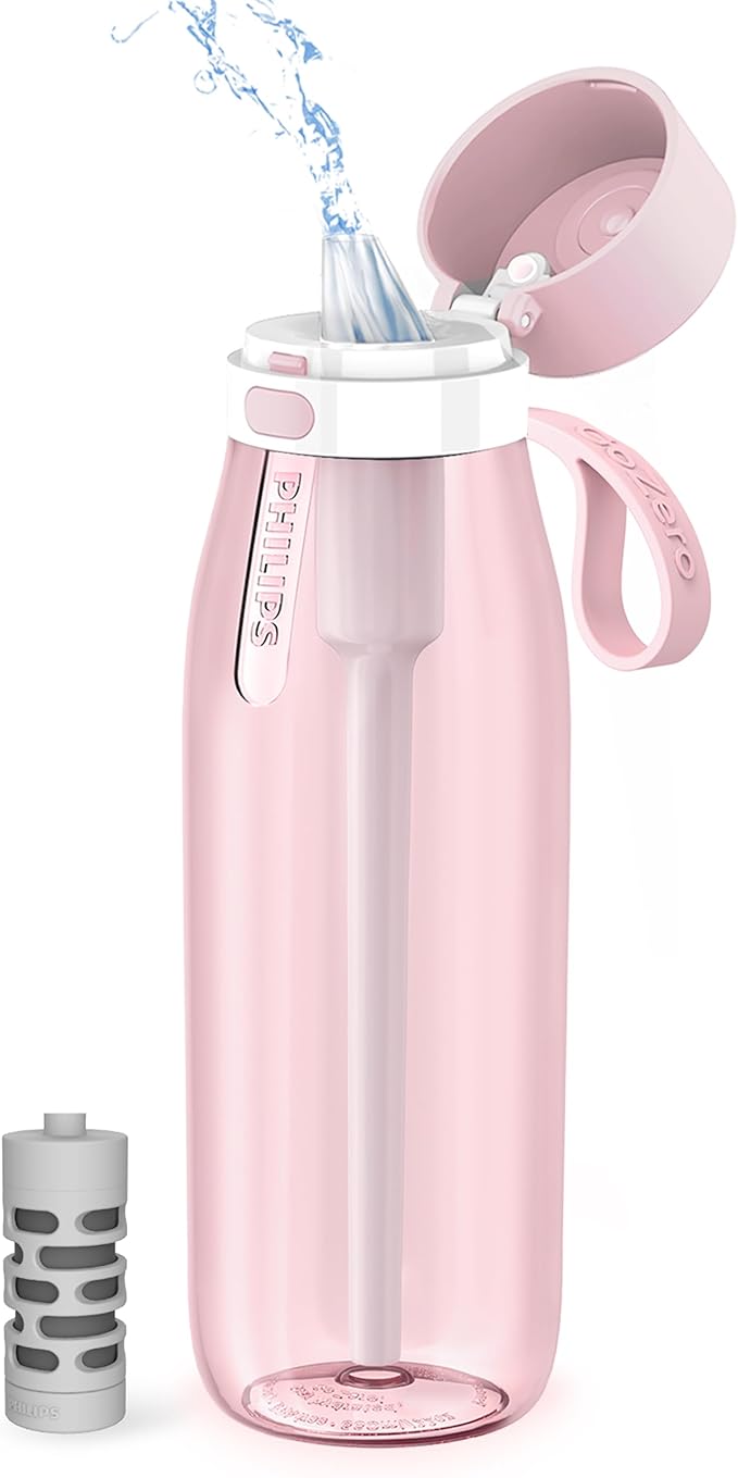 PHILIPS Filtered Water Bottle, BPA-Free Tritan Plastic Water Bottles, Replaces 450 Plastic Water Bottle with Reusable GoZero Everyday Water Filter, Portable Filtering Bottle for Travel, 36oz, Pink