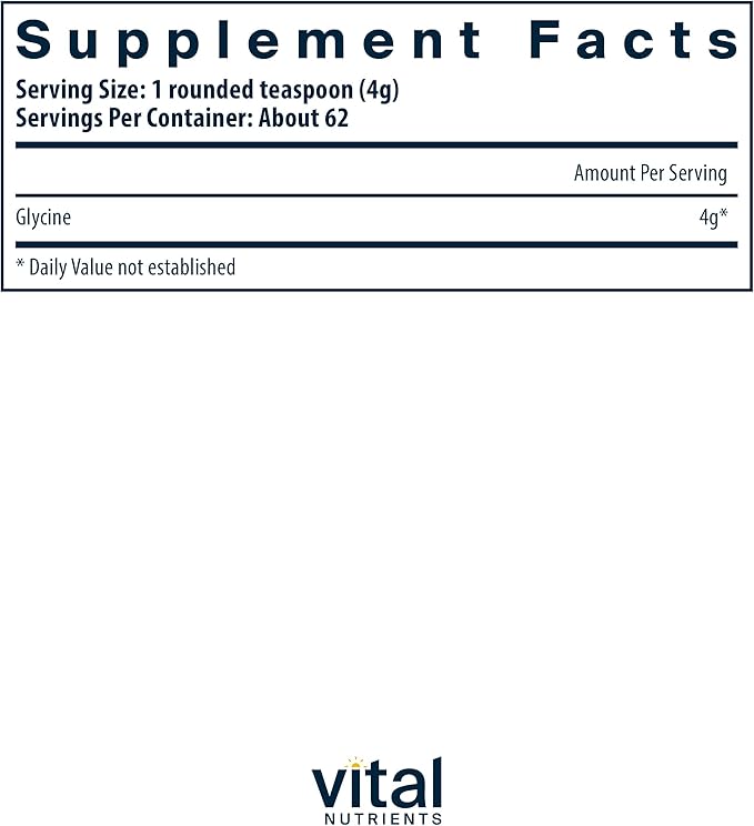 Vital Nutrients Glycine Powder 250g | Amino Acid to Promote Restful Sleep, Stress Relief, Memory, and Cognitive Support* | Vegan Glycine Supplement | Gluten, Dairy, Soy Free | Non-GMO | 625 Servings