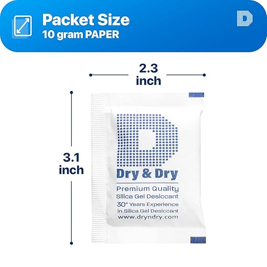 10gm Pack of 20 Dry&Dry Premium Pure & Safe Silica Gel Packets Desiccant Dehumidifier - Rechargeable Paper(FDA Compliant)