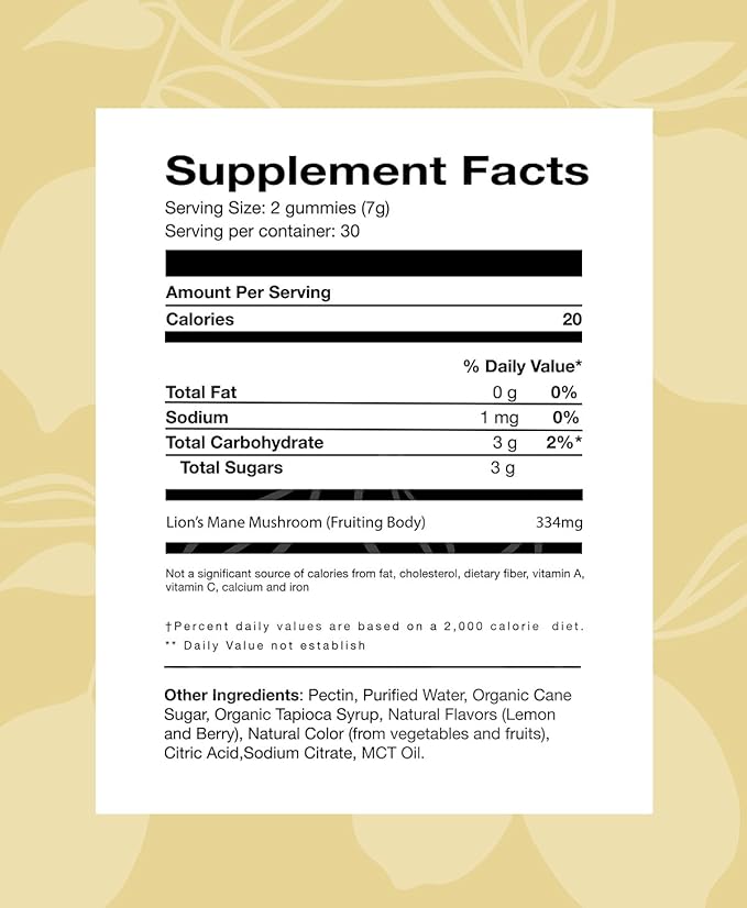 The Elderberry Co. Lion's Mane Mushroom Gummies Made from The Fruiting Body Lemon Berry Flavor Supports Immune Health, and Cognitive Function & Mental Clarity 60 Ct.