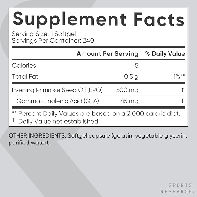 Sports Research Evening Primrose Oil (500mg) Cold-Pressed with No fillers or Artificial Ingredients, Non-GMO Tested - Gluten & Soy Free (240 Liquid Softgels)
