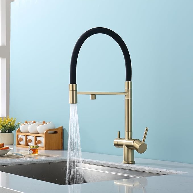 PiroosoKitchen Faucets with Water Filter Faucet Buil-in,3 Way Drinking Water Faucet for Kitchen Sink, Brushed Gold