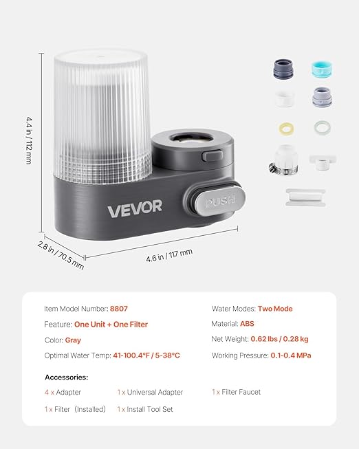 VEVOR Water Filter for Sink Faucet, Faucet Mount Water Filtration, 5-Stages Filter Reduce 97% Lead, 95% Chlorine, Rust, Skincare Tap Water Purifier for Kitchen Bathroom,1 Filter, Grey