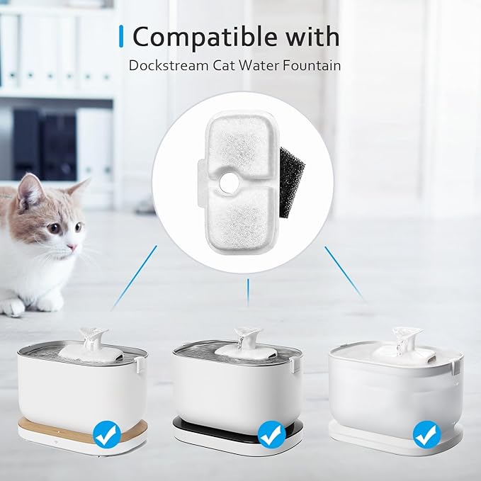 10 Pack Replacement Cat/Dog Fountain Filters Compatible with 2.5L/84oz Dockstream Cat Fountain PLWF005/PLWF115/PLWF105,10 Pack Triple Action Pet Fountain Filter and Pre-Filter Sponges