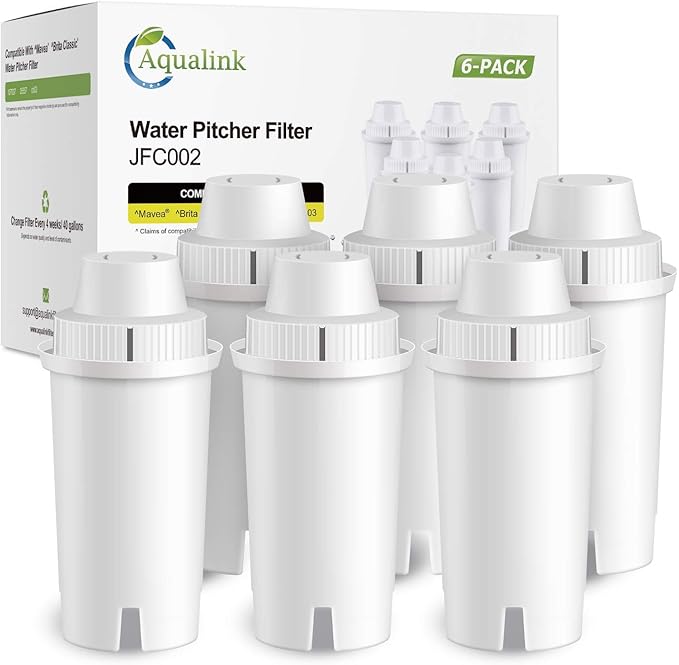 JFC002 Replacement for Brita Longlast Water Filter, Compatible with standard Mavea 107007, Brita Classic 35557, OB03, 6PACK