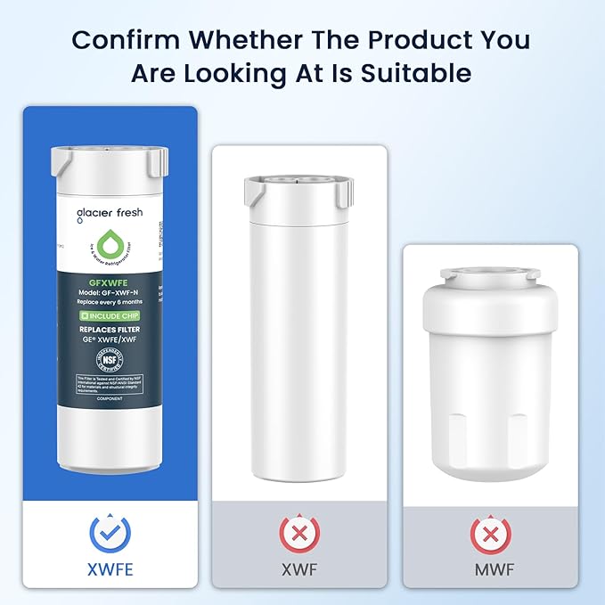 GLACIER FRESH Water Filter Compatible with XWFE (Built-in CHIP), Replacement for GE XWFE, XWF Refrigerator Water Filter NSF/ANSI 42 Certification Pack of 3