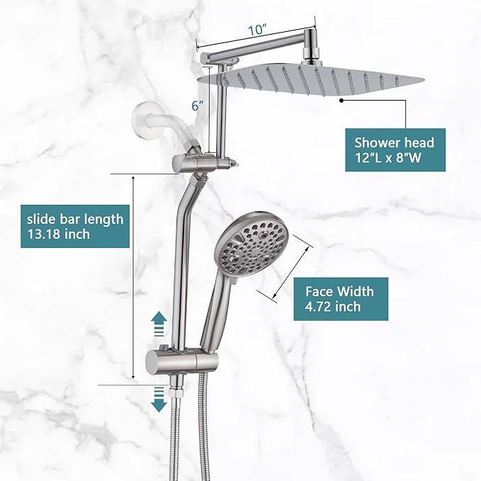 12" x 8" Rectangle High Pressure Rainfall Shower Head with Handheld Combo, 9 Setting Handheld Shower Head, Adjustable Height Shower Extension Arm and Slide Bar for Easy Reach - Brushed Nickel