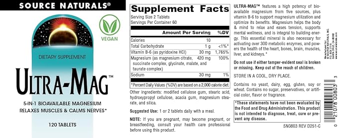 Source Naturals Ultra-Mag, 5-in-1 Bioavailable Magnesium - Relaxes Muscles & Calms Nerves* - 120 Vegan Tablets