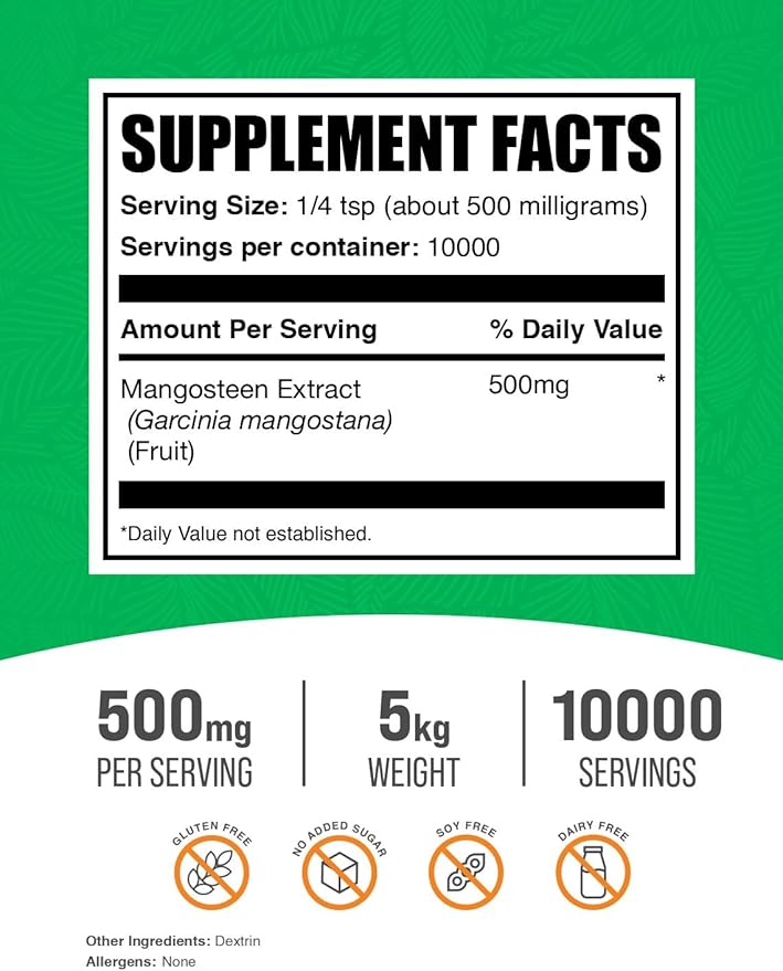 BulkSupplements.com Mangosteen Extract Powder - Superfood Supplement, from Mangosteen Fruit, Mangosteen Powder - Gluten Free, 500mg per Serving, 1kg (2.2 Pound) (Pack of 5)