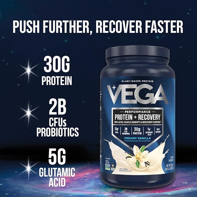 Vega Protein + Recovery - 30g Plant-Based Protein per Serving, Chocolate, 12 x 1.6oz Sachets, 5g BCAAs, Probiotics, NSF Certified, For Shakes & Smoothies, (Packaging May Vary)