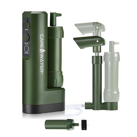 Pro Electric Water Purifier Survival w/Hand Pump, Portable Water Filter Camping Backpacking Hiking Outdoor Travel Emergency, Water Filtration System Survival, Water Purification Tablets Alternative